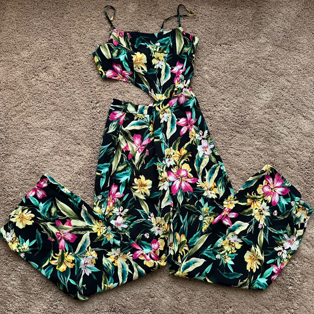 Bershka tropical print maxi jumpsuit with a side cut out